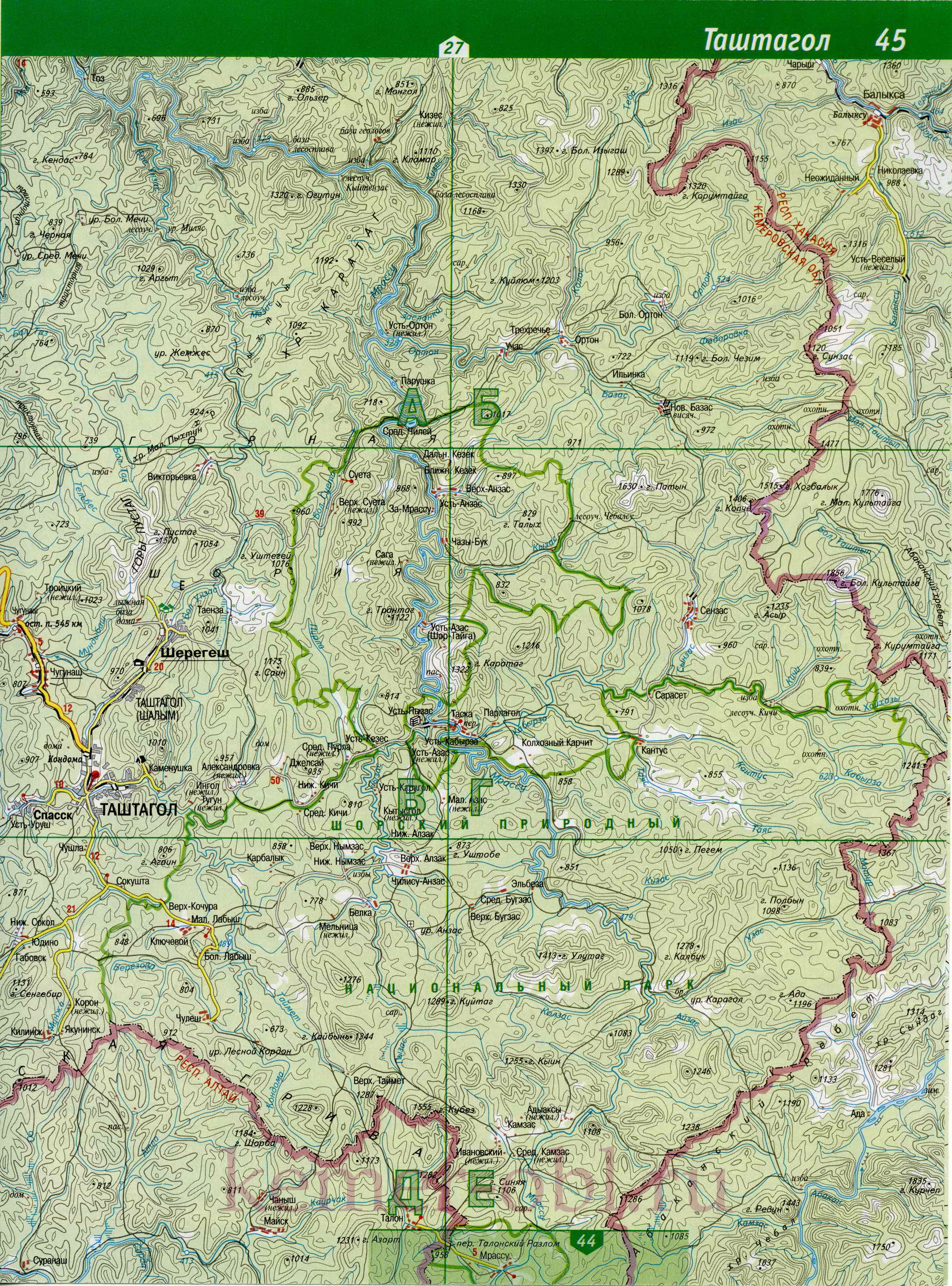 Карта Таштагольский р-он, Кемеровская область. Подробная топографическая карта Таштагольского района, B0 - 